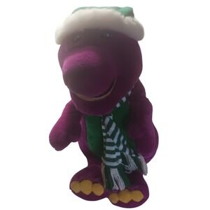 VTG 1992 Barney Christmas Plush 20" Holiday Dinosaur‎ Green Scarf Hat Bell READ